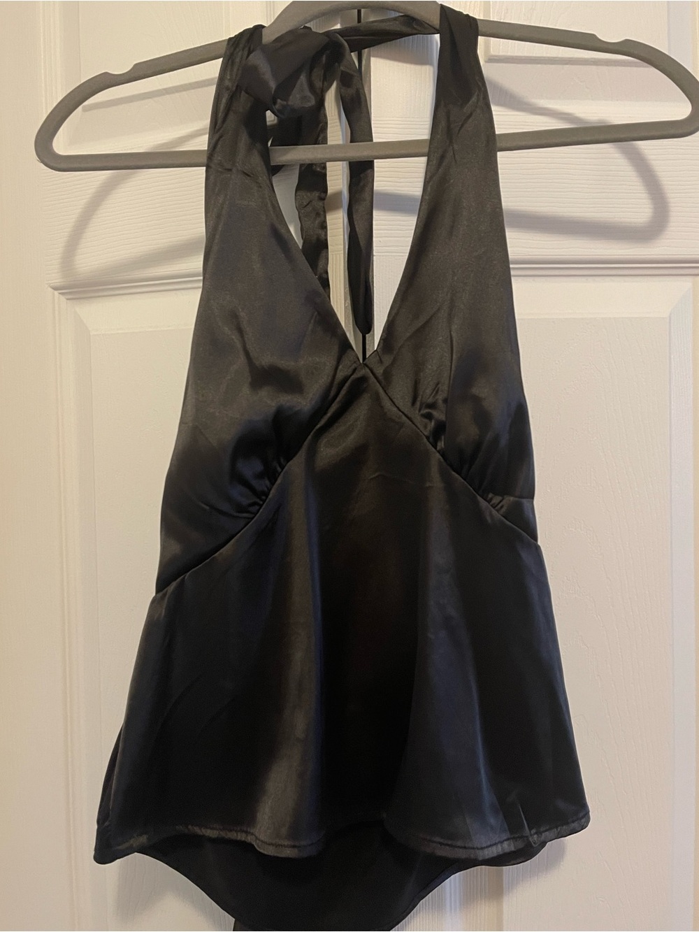 Black Satin Halter V-Neck Top